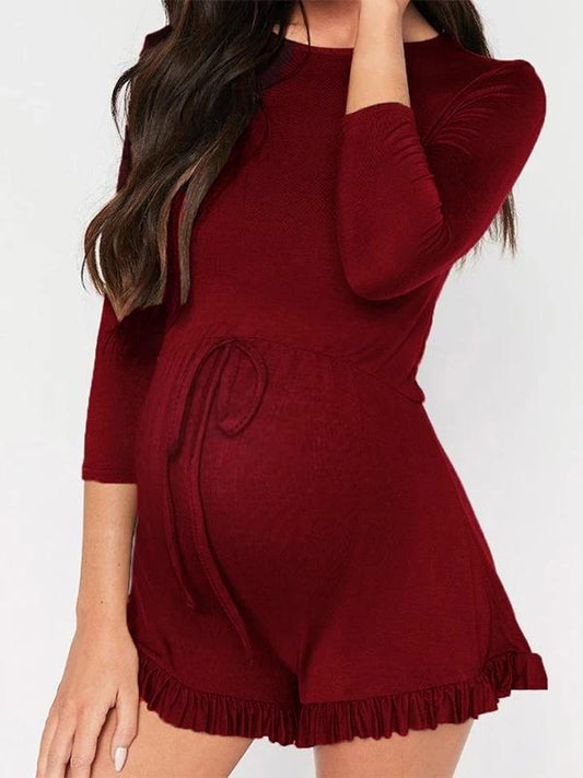 Solid Drawstring Ruffle Bodycon Long Sleeve Maternity Jumpsuit