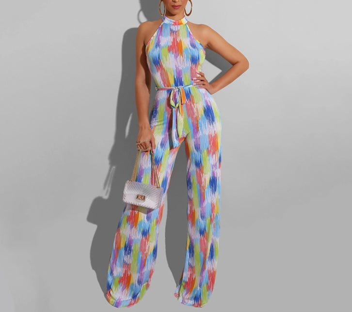 Seindeal Rainbow Halter Neck Belt Maternity Long Jumpsuit