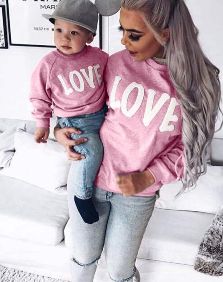 "LOVE" Print Mommy and Me Outfits Round Neck Long Sleeve Sweatshirt