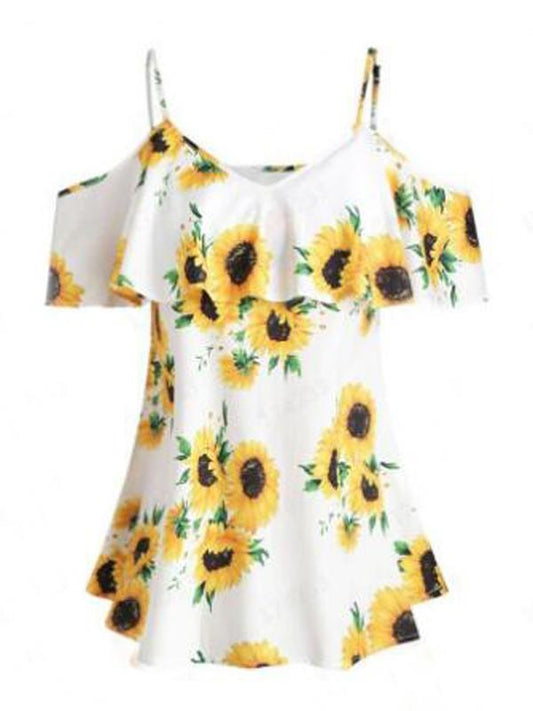 Sunflowers Ruffle Cut Out Spaghetti Strap Plus Size Maternity T-shirt