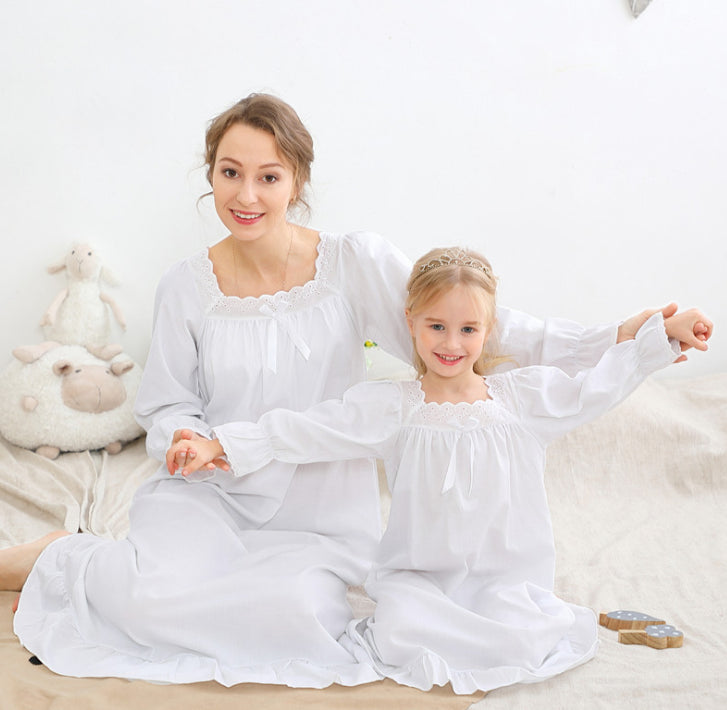 White Lace Mommy and Me Outfits Square Neck Long Sleeve Pajama Set