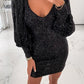 Seindeal Bodycon V-neck Lantern Long Sleeve Prom Sexy Sequins Maternity Mini Dress for Night Evening Party