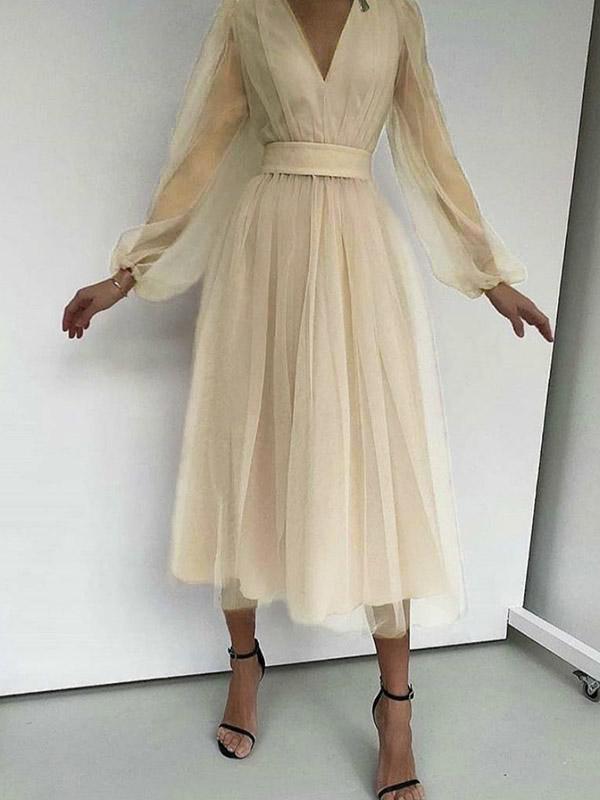 Mesh Draped V Neck Long Sleeve Women Midi Dresses Tulle Dress Evening Dress