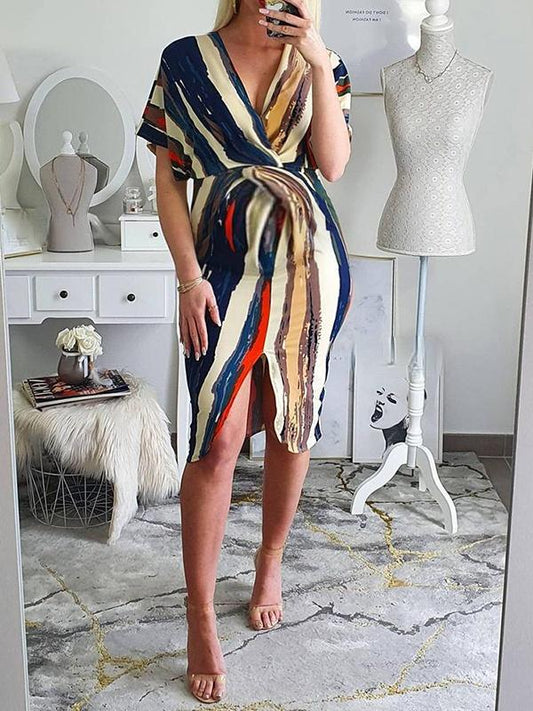 Bodycon Striped Print Vneck Short Sleeve Side Slit Maternity Midi Dress