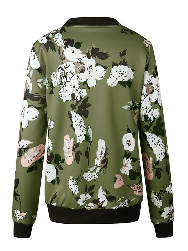 Army Green Floral Zipper Round Neck Long Sleeve Women Jackets Bomber Jacket