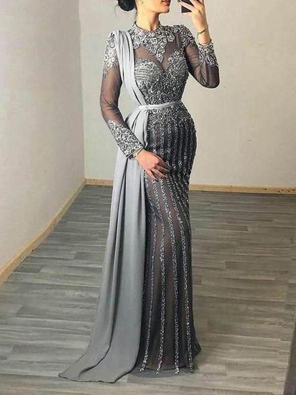 Patchwork Lace Transparent Round Neck Long Sleeve Maxi Dress Women Fashion Evening Dress