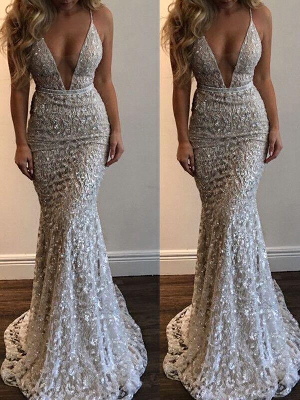 Gray Sequins Fishtail Deep V-Neck Spaghetti Straps Women Maxi Dresses Sequin Dress Evening Dress