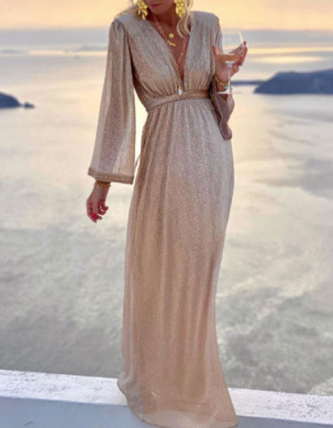 Seindeal Sequin Deep V-neck Flare Sleeve Glitter Party Maternity Maxi Dress