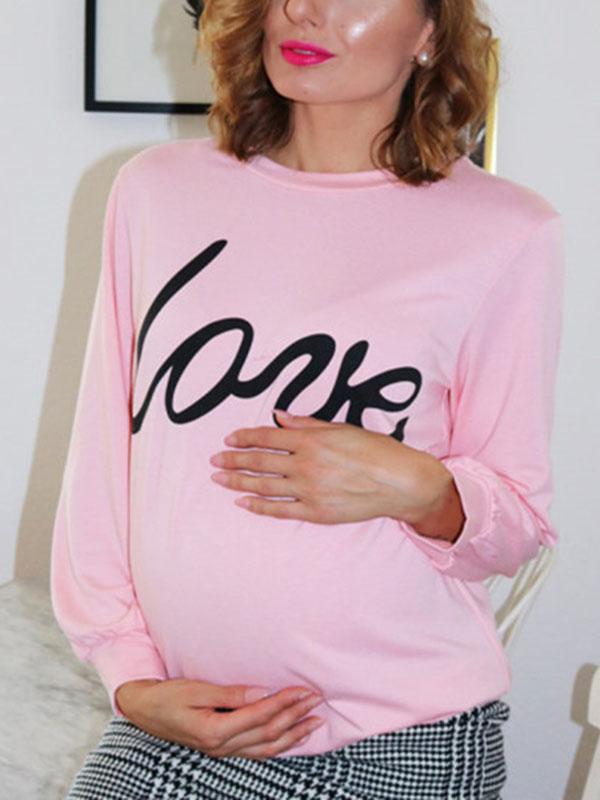 Seindeal Pink ‘LOVE’ Print  Long Sleeve Maternity T-Shirts