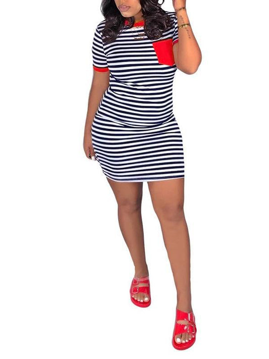 Seindeal Striped Print Pockets Round Neck Short sleeve Maternity Dress Bodycon Mini