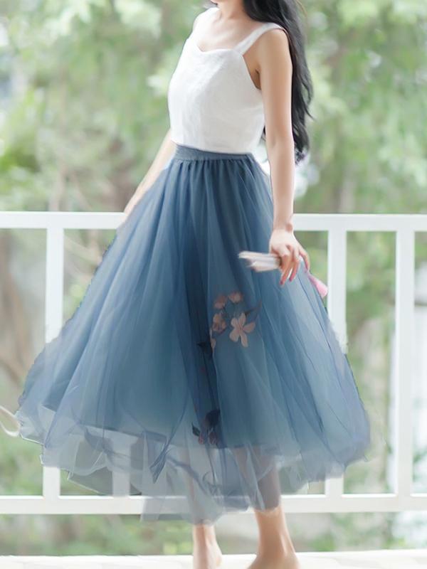 Floral Mesh Pleated High Waist Women Skirts Tulle Skirt Midi Skirt