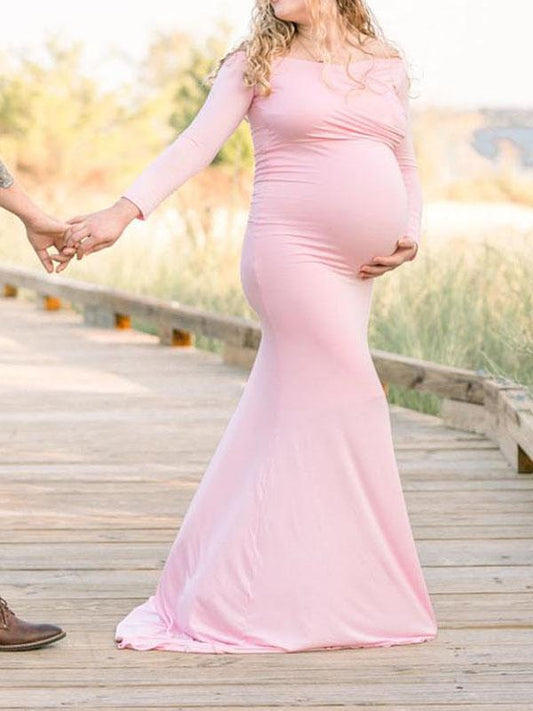 Seindeal Off Shoulder Backless Draped Mermaid Maternity Photoshoot Dress Pink