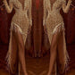 Seindeal White Bright Wire Bright Wire Glitter Fringe Slit V-Neck Long Sleeve Elegant Maxi Dress Evening Dress