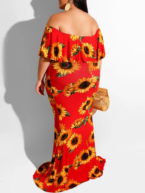 Seindeal Sunflowers Plus Size Maternity Dress Ruffle Off Shoulder Photoshot Maxi Dresses