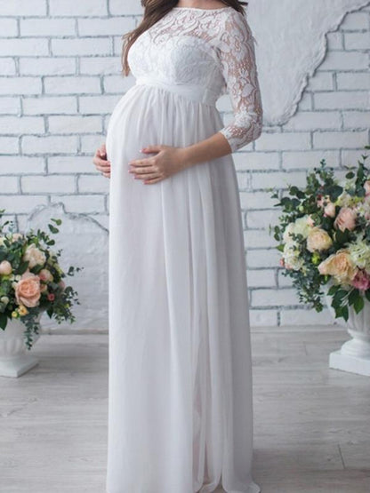 White Splicing Lace Draped Round Neck Elegant Maternity Dress Maxi Dress Evening Dress For Pregnant Women