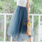 Floral Mesh Pleated High Waist Women Skirts Tulle Skirt Midi Skirt