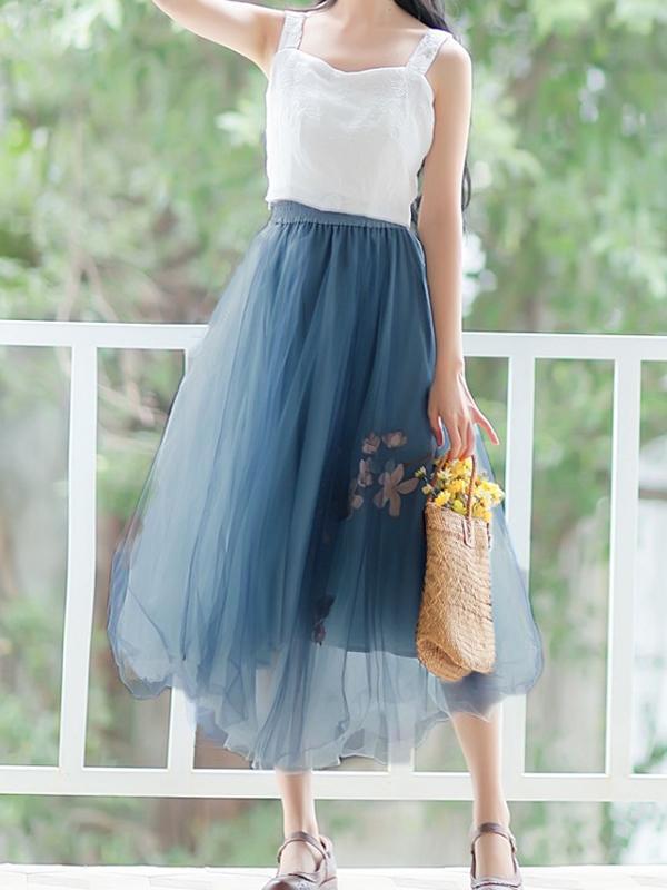 Floral Mesh Pleated High Waist Women Skirts Tulle Skirt Midi Skirt