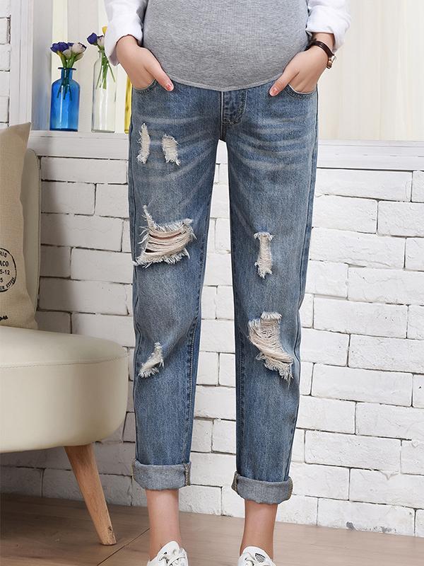 Momnfangcy Pockets Buttons Ripped Destroyed Casual Maternity Long Jeans