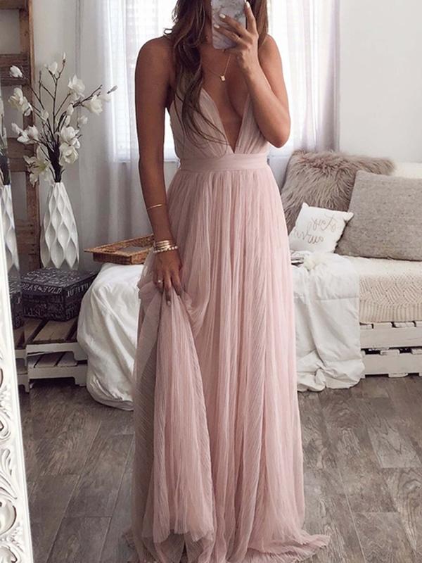 Backless Deep V-Neck Spaghetti Straps Women Maxi Dresses Tulle Dress Evening Dress Ball Gown