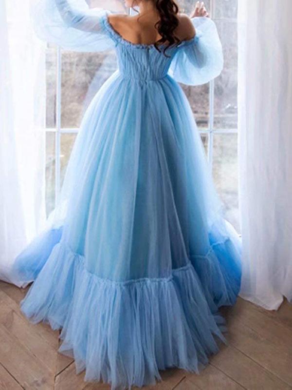 Seindeal Sky Blue Mesh Boat Neck Off Shoulder Long Sleeve Elegant Maxi Dress Ball Gown Evening Dress Tulle Dress