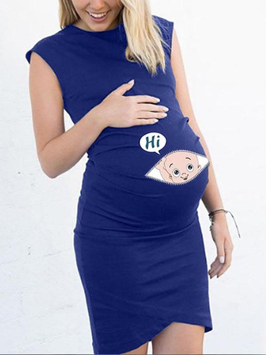 Seindeal Baby Print Round Neck Short Sleeve Mini Maternity Bodycon Dress Blue and Pink