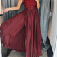 Wine Red Solid Color Side Slit Lace Off Shoulder V-Neck Spaghetti Straps Women Maxi Dresses Party Dress Ball Gown