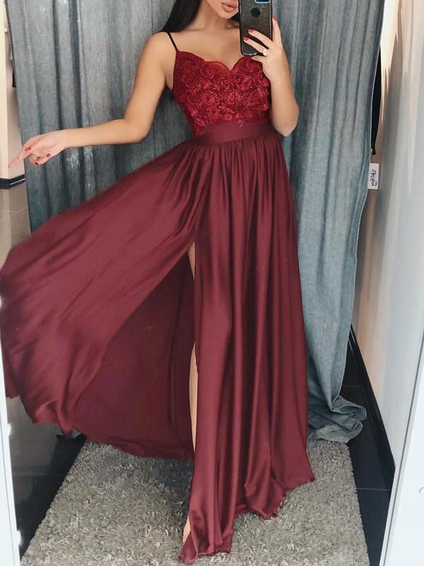 Wine Red Solid Color Side Slit Lace Off Shoulder V-Neck Spaghetti Straps Women Maxi Dresses Party Dress Ball Gown