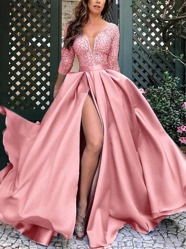 Seindeal Sequin Grenadine V Neck Three Quarter Length Sleeves Slit Big Swing Flowy Prom Maxi Dress