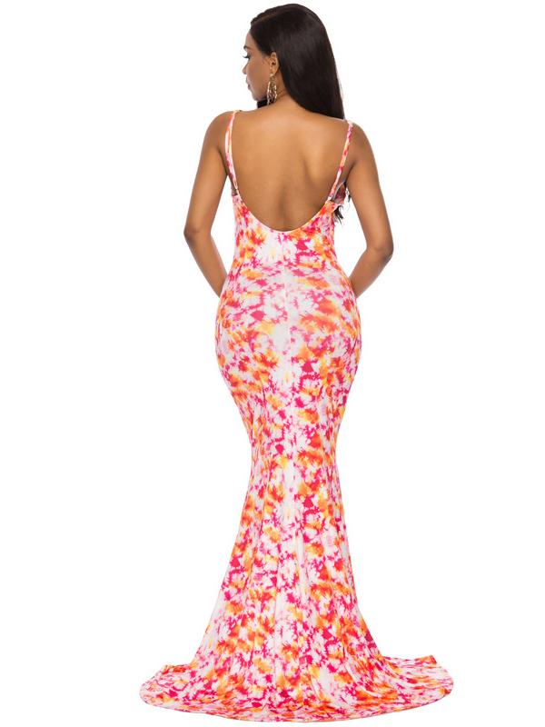 Seindeal Tie Dye Spaghetti Strap Backless Fitted Mermaid Maternity Maxi Dress