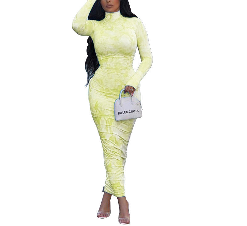 Seindeal Fashion Maxi  Plus Size Maternity Bodycon Dress Tie Dye High Neck Long Sleeve Design