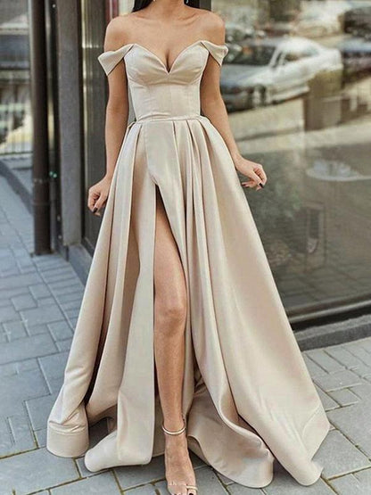 Backless Off Shoulder Side Slit Short Sleeve A-Line Maxi Dress Women's Fashion Evening Dress