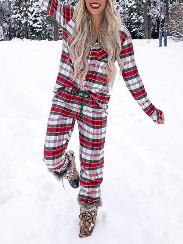 Plaid Christmas Button Pockets Long Pajama Long Sleeve Maternity Jumpsuit