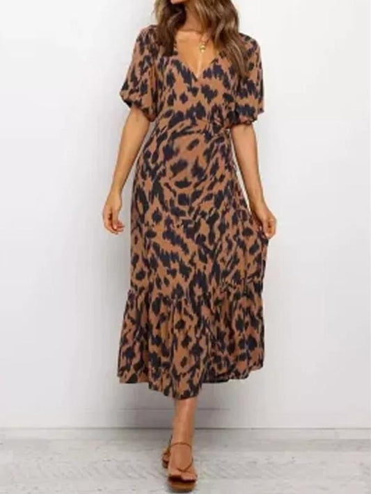 Leopard Slit Flowy Below Knee V-neck Short Sleeve Party Materniaty Midi Dress