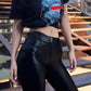 Seindeal Black pockets fashion push up buttocks with PU leather long pants on the backside women