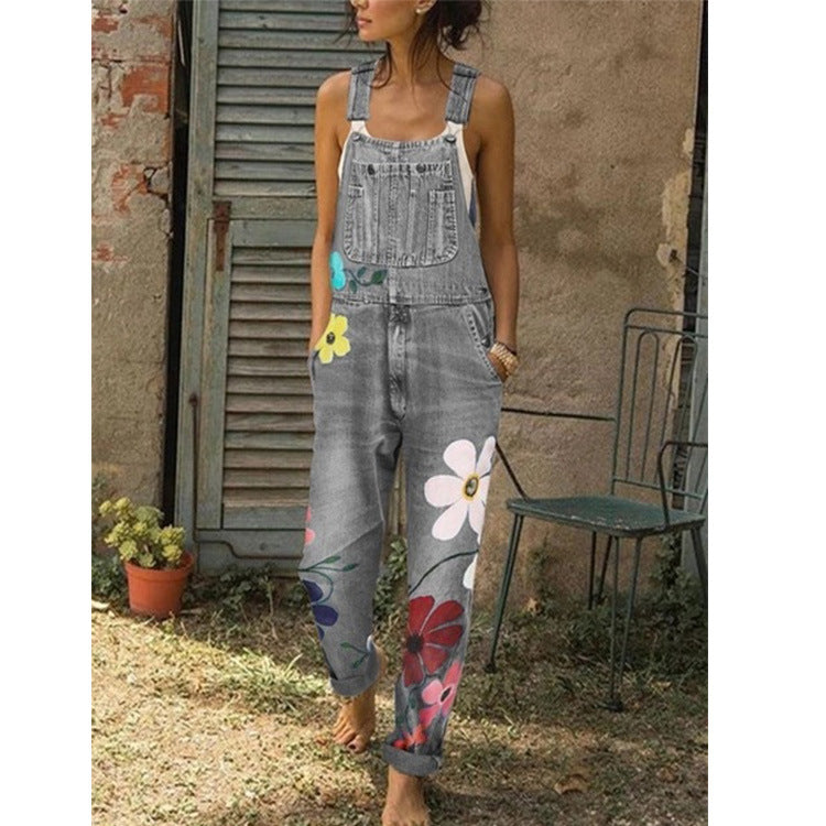 Seindeal Flowers Print Overall Maternity Long Denim Dungarees Jumpsuit Plus Size