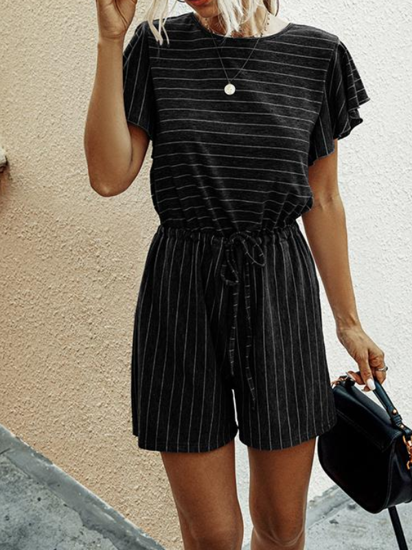 Round Neck Short Sleeve Striped Maternity short Jumpsuit