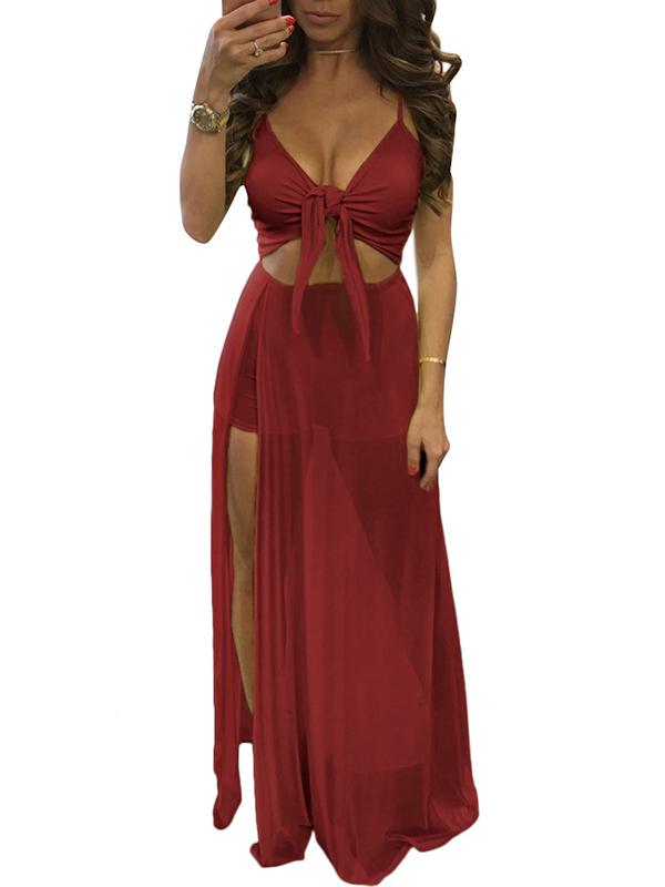 Solid Bowknot Slit Cut Out Flowy Floor Length Plunging Neckline Maternity Maxi Dress