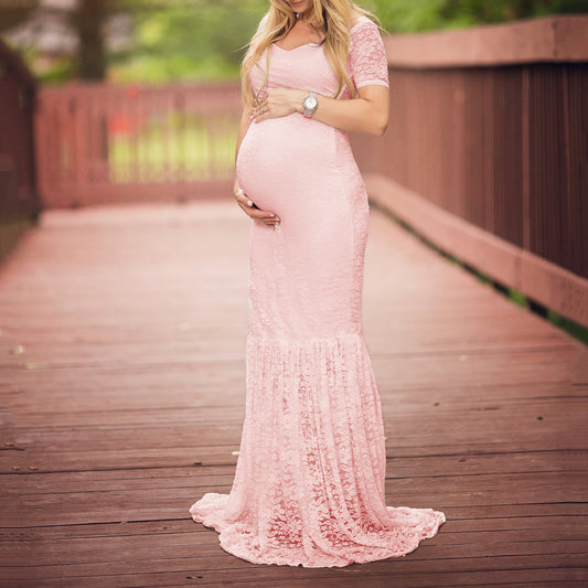 Seindeal Boho Pink Lace Plus Size Maternity Dress Cheap Pleated Bodycon Mermaid  Maxi Dress for Photoshoot