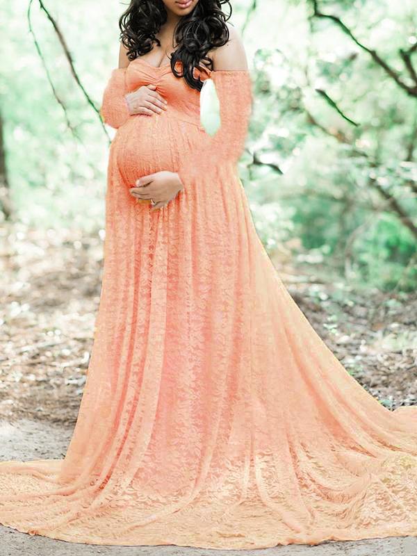 Lace Off Shoulder Long Sleeve Baby Shower Maternity Photoshoot Maxi Dress