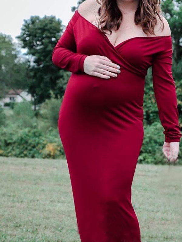 Seindeal Off Shoulder Long Sleeve Red Maternity for Babyshower Maxi Dress