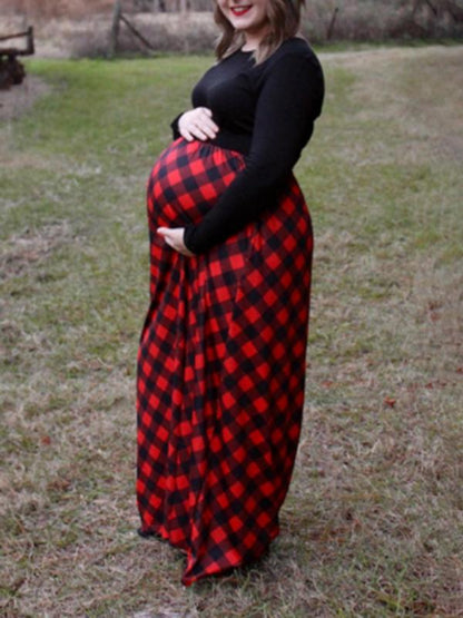 Red-Black Plaid Print Pockets Buffalo Plaid Christmas Maternity Maxi Dresses