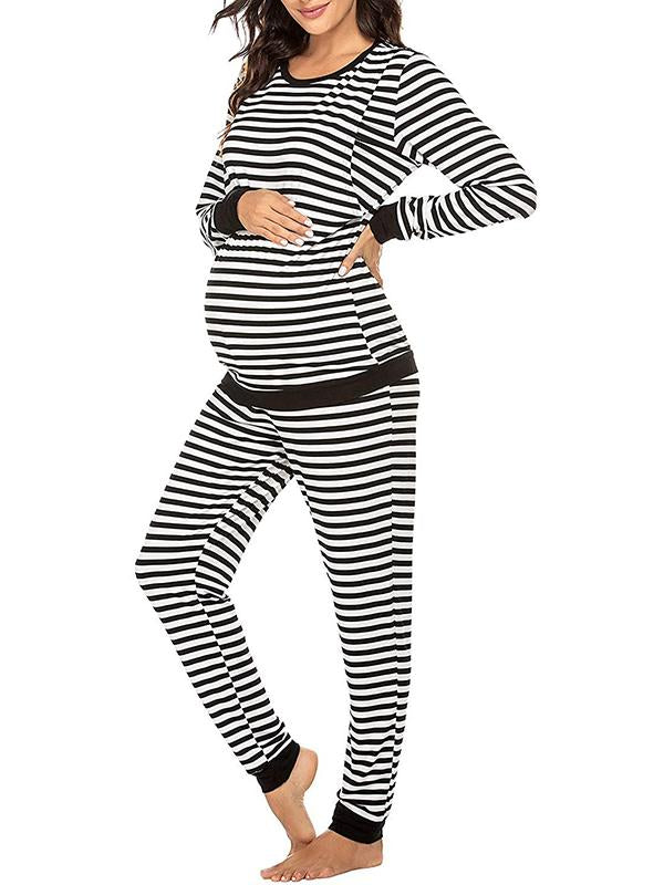 Striped Round Neck Long Sleeve Nursing Maternity Long Pajama Set