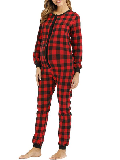 Seindeal Buffalo Plaid Buttons Christmas Long Sleeve Maternity Pajama Long Jumpsuit