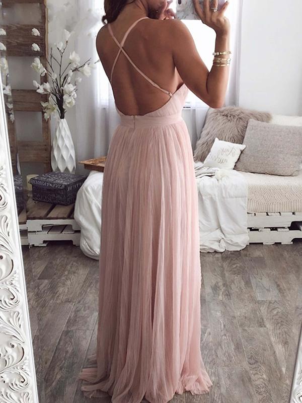 Backless Deep V-Neck Spaghetti Straps Women Maxi Dresses Tulle Dress Evening Dress Ball Gown