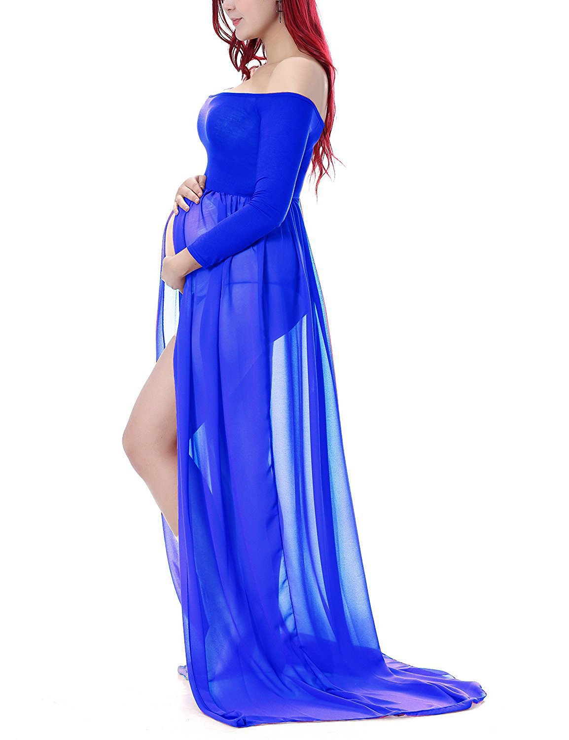 Seindeal Chiffon Draped Off-shoulder Long Sleeve Elegant Maternity Maxi Dress