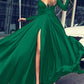 Pleated Side Slit V Neck Long Sleeve Women Maxi Dresses Elegant Dress Evening Dress