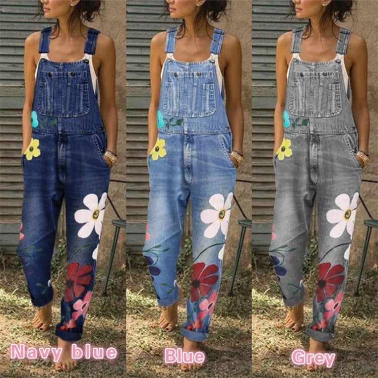 Seindeal Flowers Print Overall Maternity Long Denim Dungarees Jumpsuit Plus Size