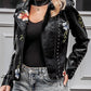 Black Floral Rivet Zipper Turn Down Collar Long Sleeve Women Jackets Leather Jacket Biker Jacket