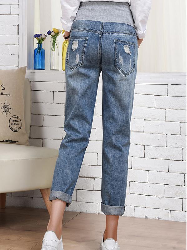 Momnfangcy Pockets Buttons Ripped Destroyed Casual Maternity Long Jeans