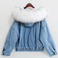 Seindeal Solid Pockets Fur Collar Long Sleeve Jacket Maternity Denim Coat